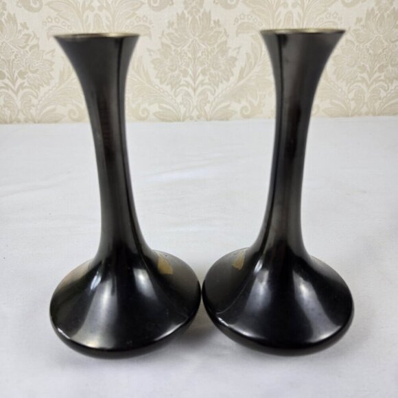 Pair of Japanese Genie Bottle Bud Vases Snow Capped Mt Fuji Village Etching Vtg - Picture 3 of 13